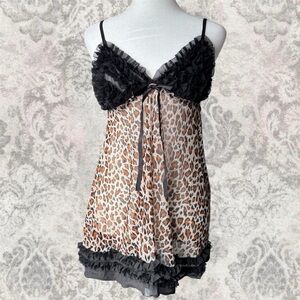Leopard Print Ruffle Western Whimsigoth Babydoll Women’s Medium Slip Dress